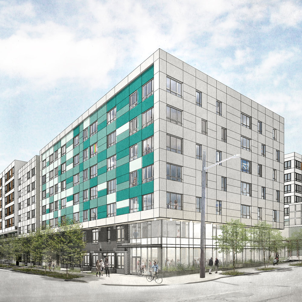 Plans for the Capitol Hill Station TOD include four seven-story mixed-use buildings with a public plaza at its center.